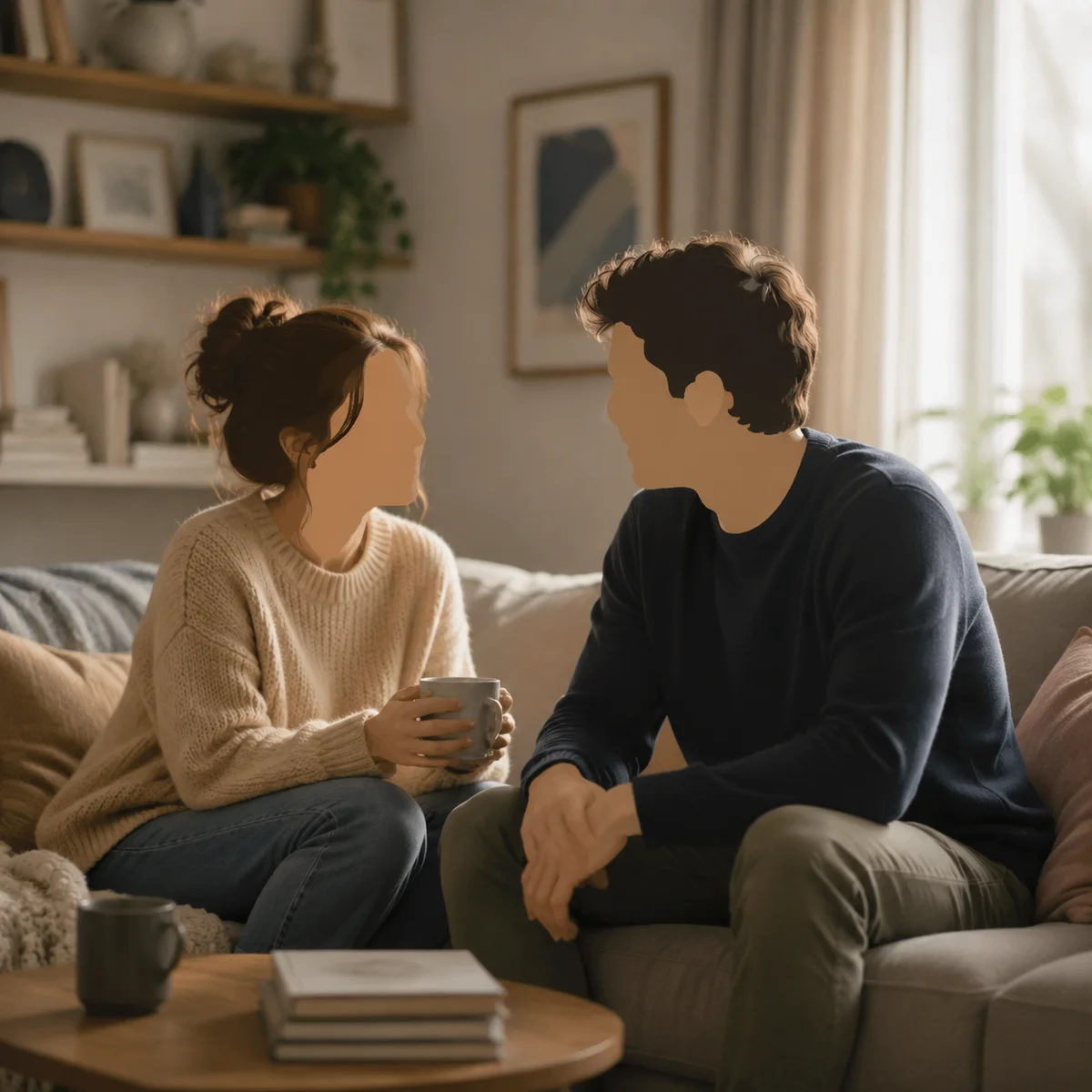 Couple having an intimate conversation on a couch in soft editorial light