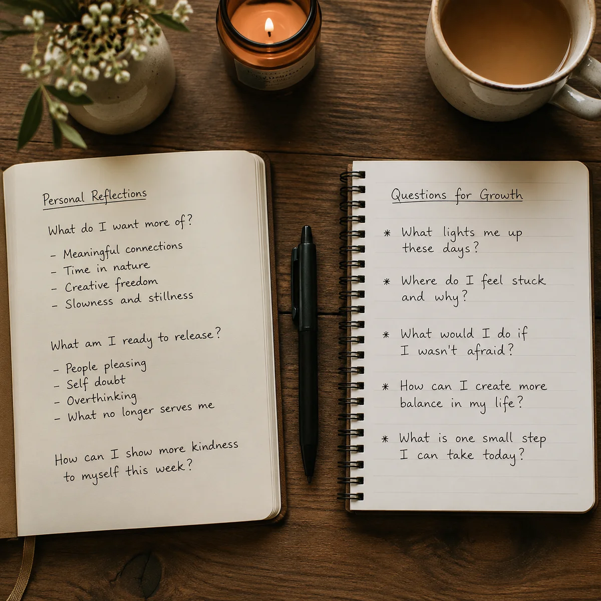 Two notebooks side by side on a wooden table with handwritten notes and a pen