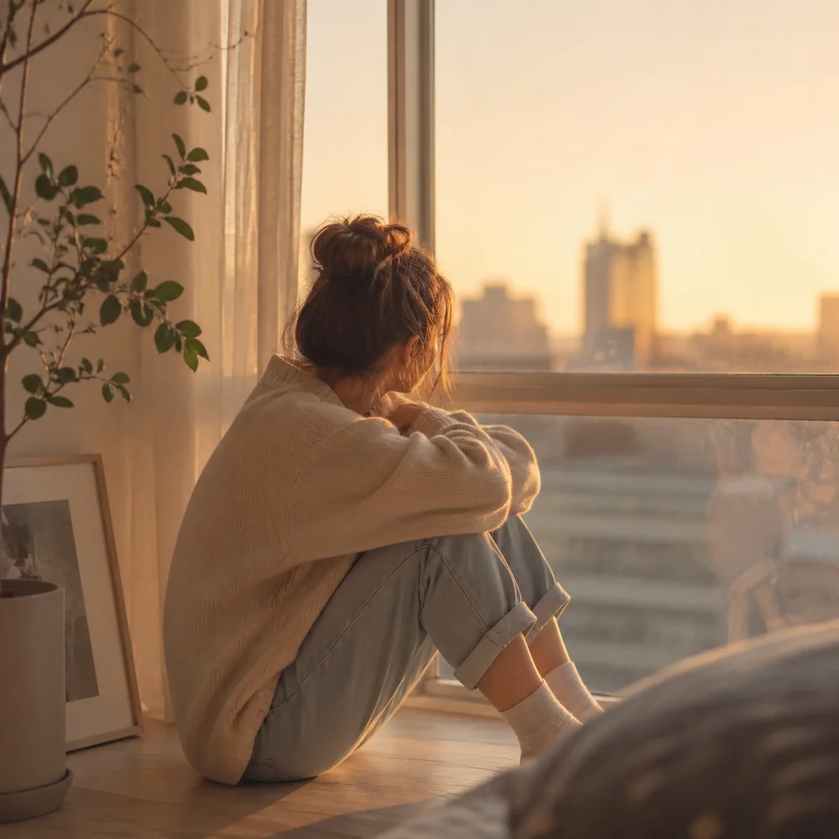 Person sitting alone by a window at golden hour in contemplative mood