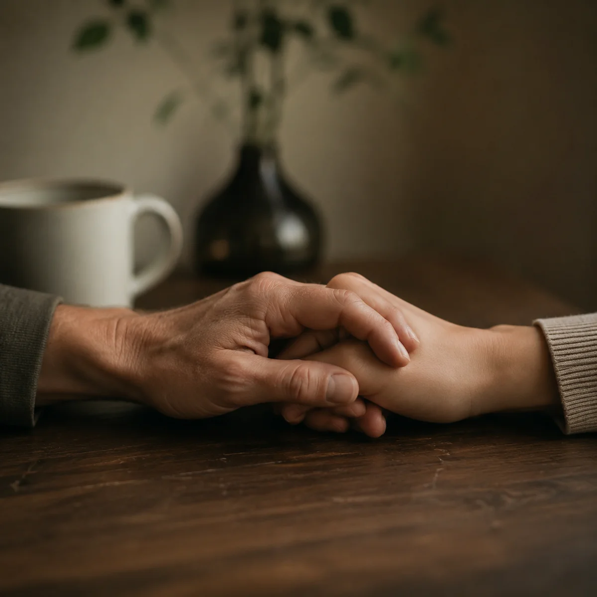 Two hands holding each other on a table, one tense and one relaxed