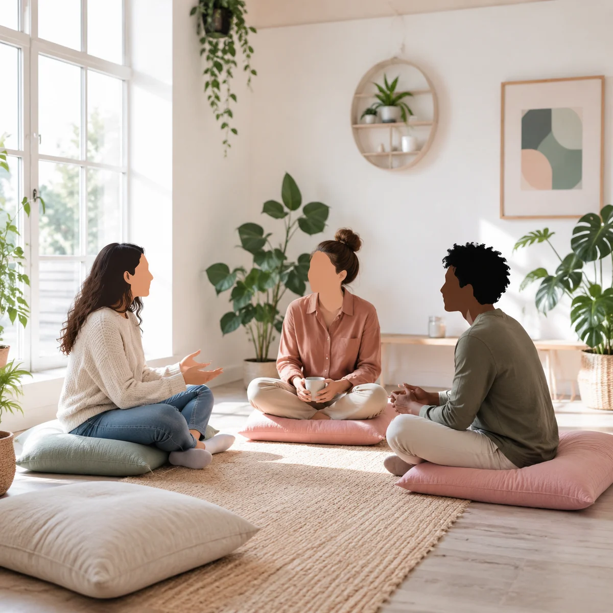 Three people sitting in a circle on floor cushions having a relaxed conversation