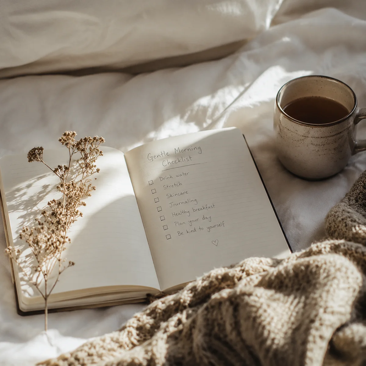 Open notebook on a bed with a checklist, morning light, cup of tea nearby