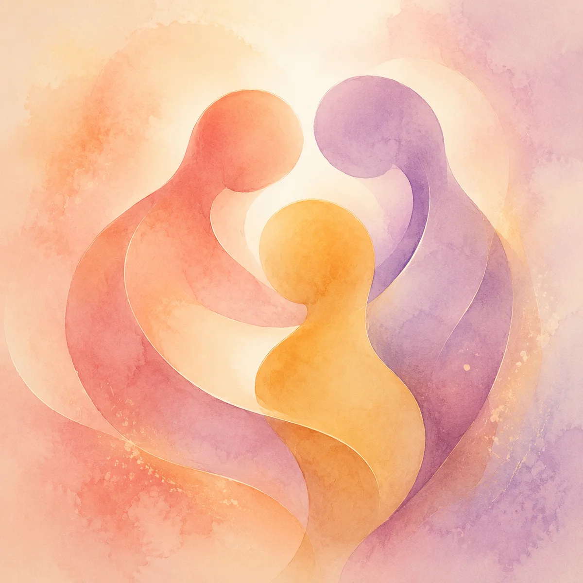 Abstract soft glowing forms overlapping in warm pastel gradients representing three people connecting