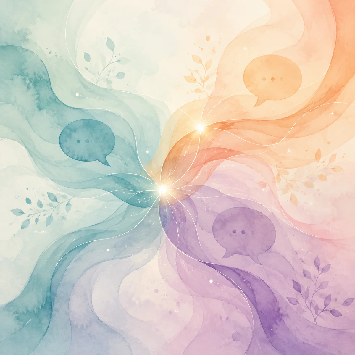 Flowing abstract streams in teal, peach, and lavender representing communication between three people