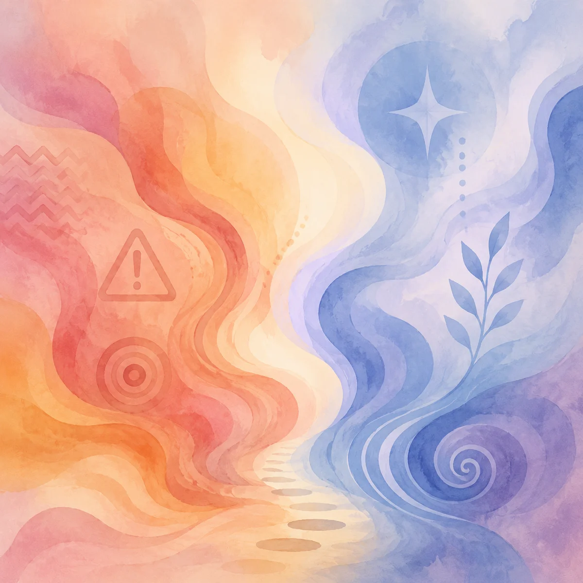 Abstract amber and rose shapes with contrasting blue elements, representing recognizing red flags with discernment