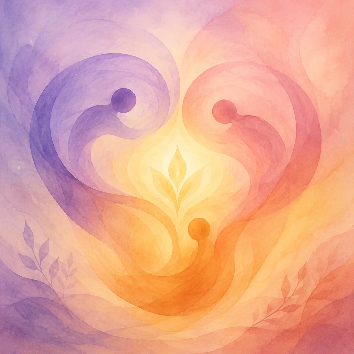 Three distinct soft forms converging into balanced harmony with golden light, representing relationship growth