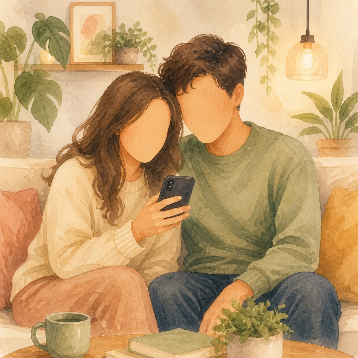 Couple browsing threesome dating app together on phone, watercolor illustration style, warm soft tones