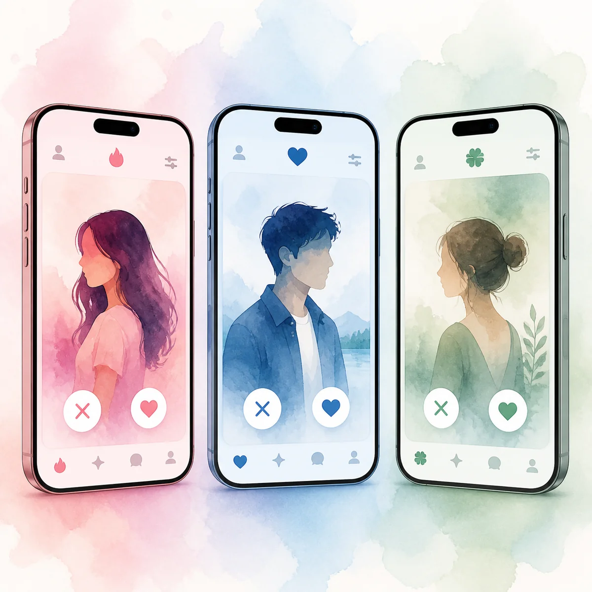 Three dating app screens compared side by side for threesome dating features, watercolor illustration style