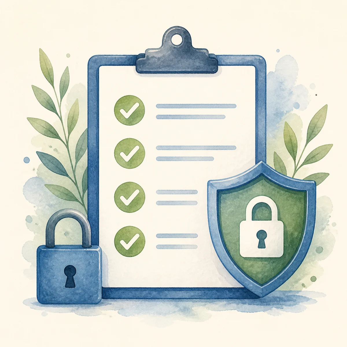 Safety checklist items for online dating illustrated in watercolor style, phone screen with lock icon and verification checkmarks