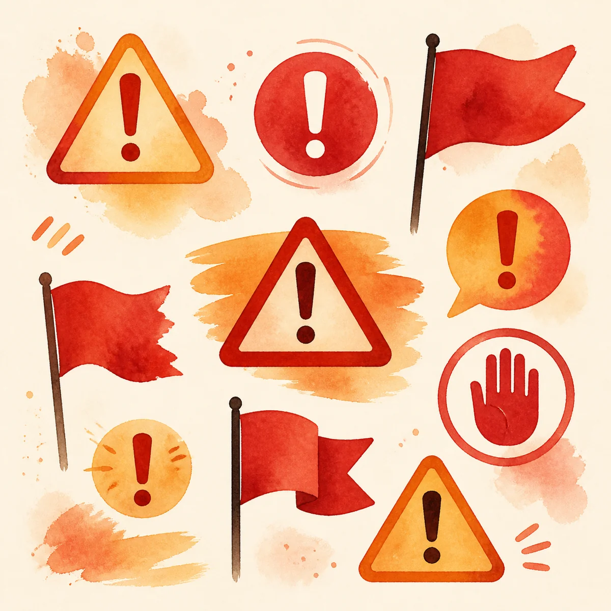 Red flags illustrated as warning signs on a dating app screen, watercolor style in warm reds and oranges