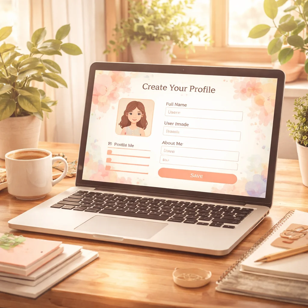 Couple creating a dating profile together on a laptop, watercolor illustration with warm pastel tones, cozy home setting