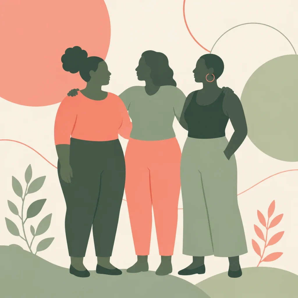 Abstract flat vector illustration of three silhouettes with different body shapes standing together, representing body diversity in intimate settings