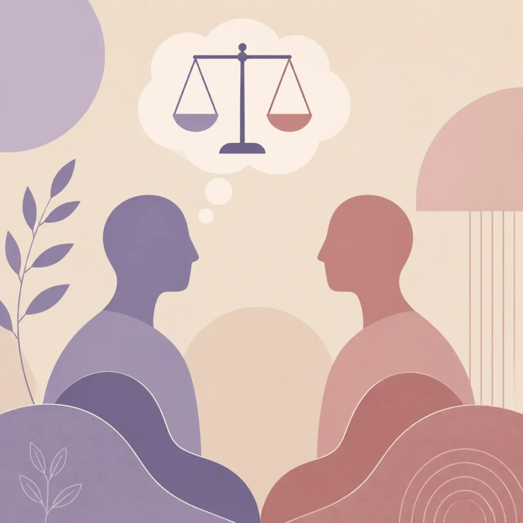 Flat vector illustration showing two figures looking at each other with a thought bubble containing a scale, representing comparison thoughts in relationships