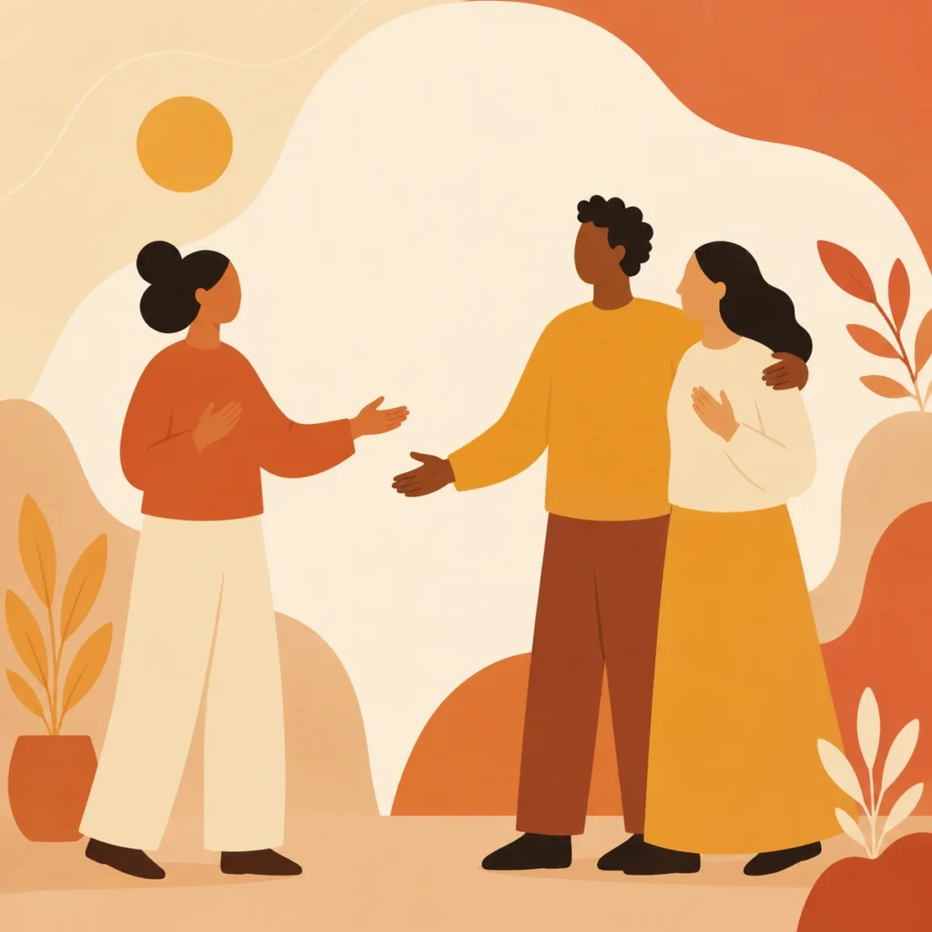 Flat vector illustration of a single person standing between a couple, with supportive hand gestures, representing inclusivity in threesome dynamics