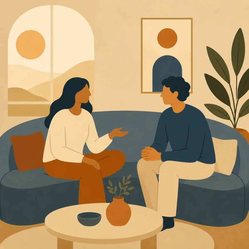 Flat vector illustration of two people sitting on a couch talking, with calm color palette, representing pre-date communication