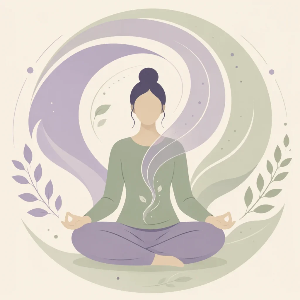 Flat vector illustration of a person taking a calming breath with soft abstract shapes around them, representing grounding techniques