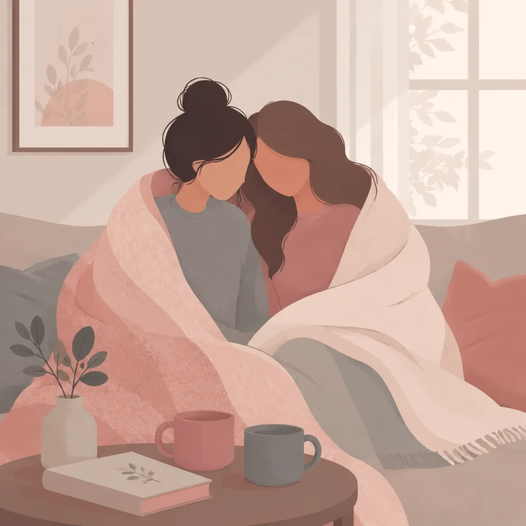 Flat vector illustration of two figures sitting together under a blanket, sharing quiet intimacy, representing aftercare and reconnection
