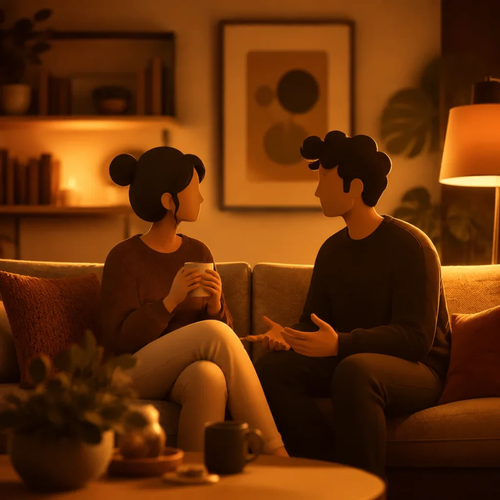 Couple sitting together having a deep conversation in warm lighting, building trust before a threesome