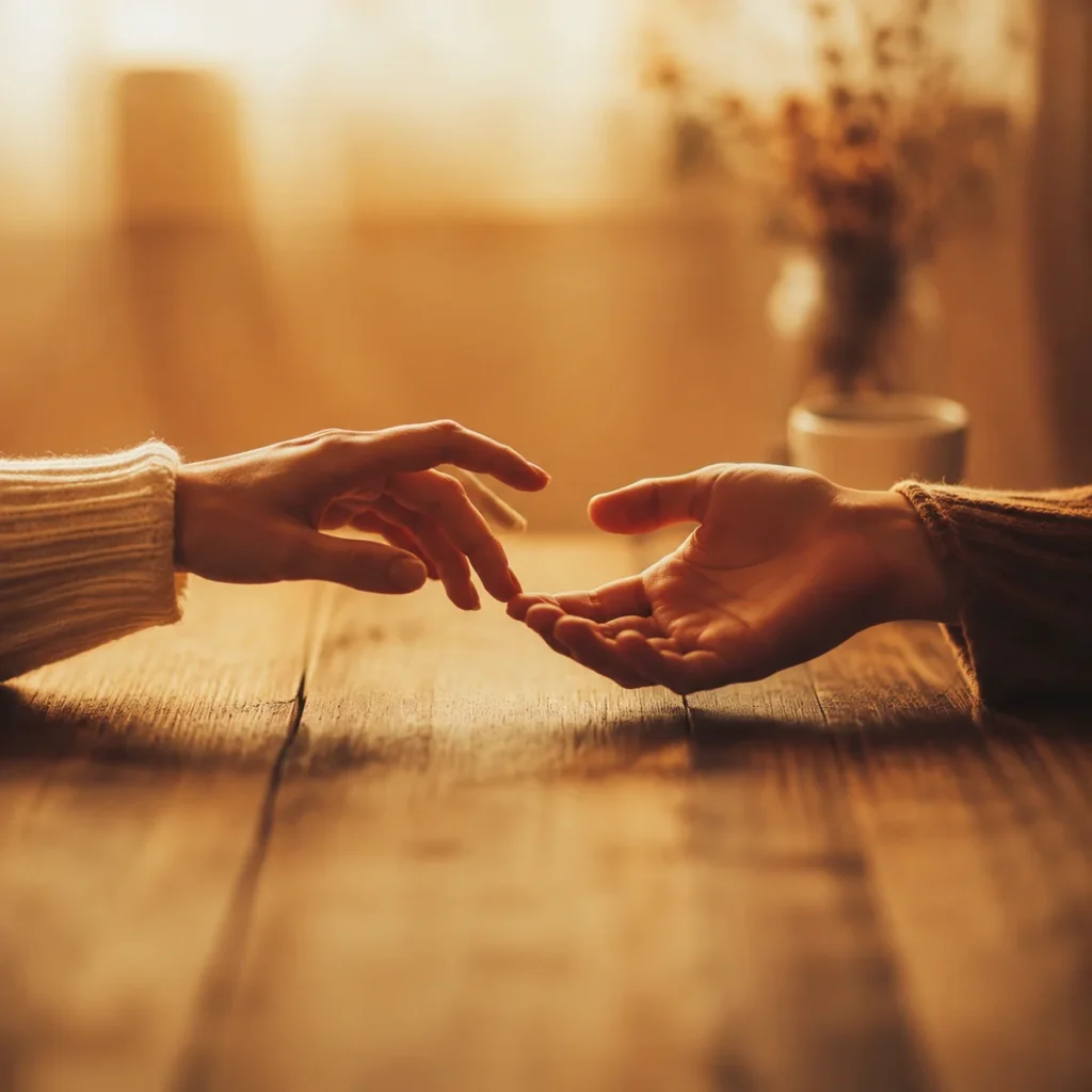 Two hands reaching toward each other across a table, symbolizing trust and connection between partners