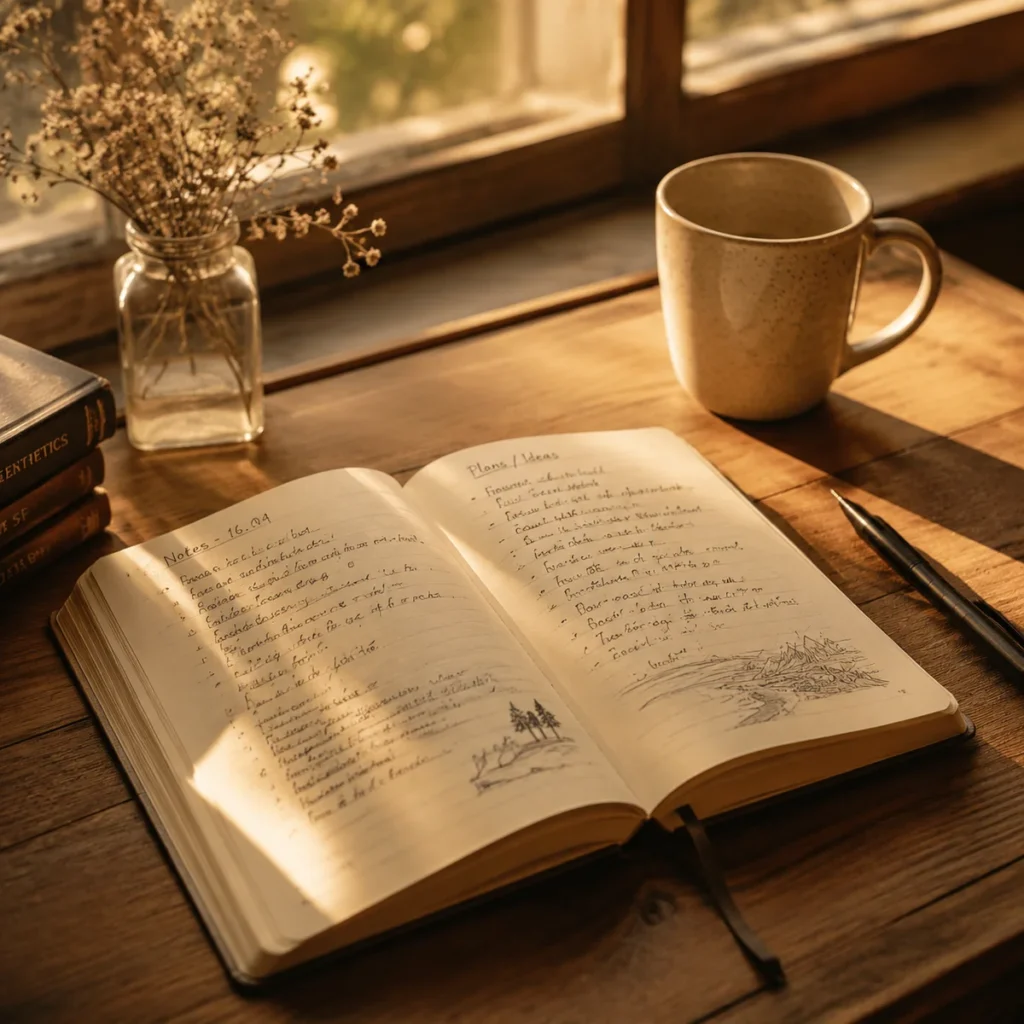 A notebook with handwritten trust-building exercises for couples, warm ambient lighting