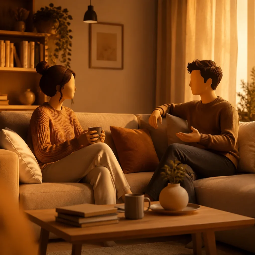 Two people sitting on opposite ends of a couch, facing each other with open body language, having a calm conversation