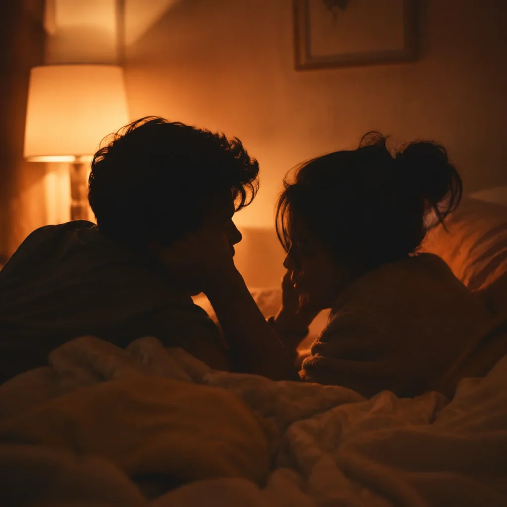Couple lying together in bed after an experience, reconnecting through quiet conversation and touch