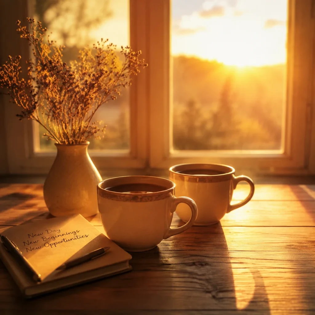 Sunrise light streaming through a window onto two coffee cups, symbolizing a fresh start and renewed connection after deep conversation