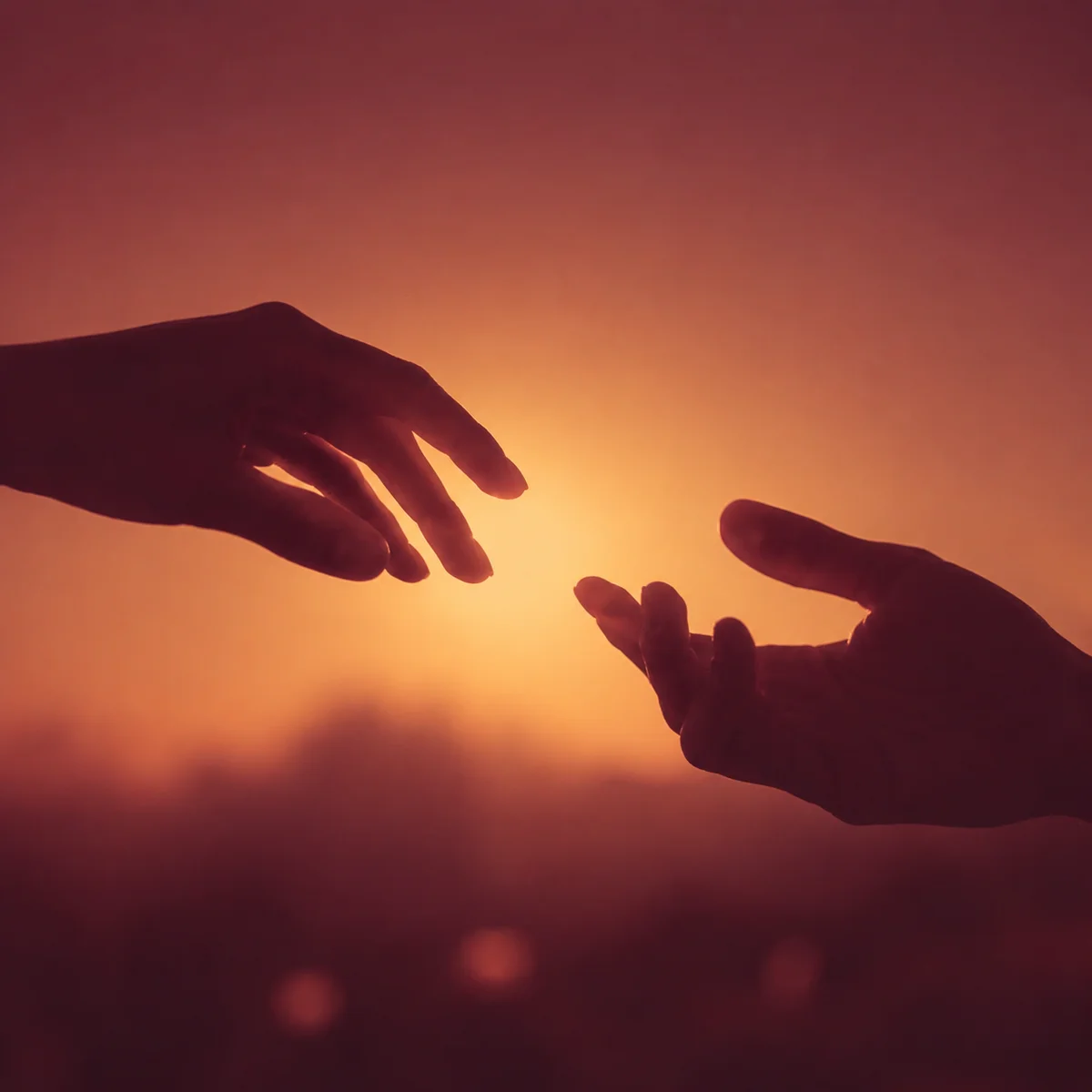Warm duotone photograph of two hands nearly touching but not quite, representing the uncertain moment when casual connection starts becoming something deeper