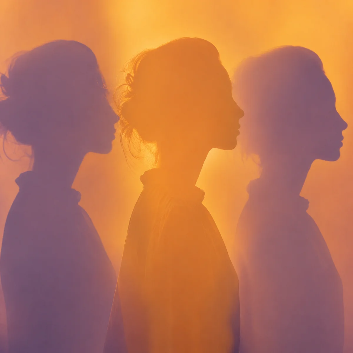Warm duotone photograph showing three overlapping silhouettes with one slightly brighter, representing the uneven emotional development in a threesome dynamic