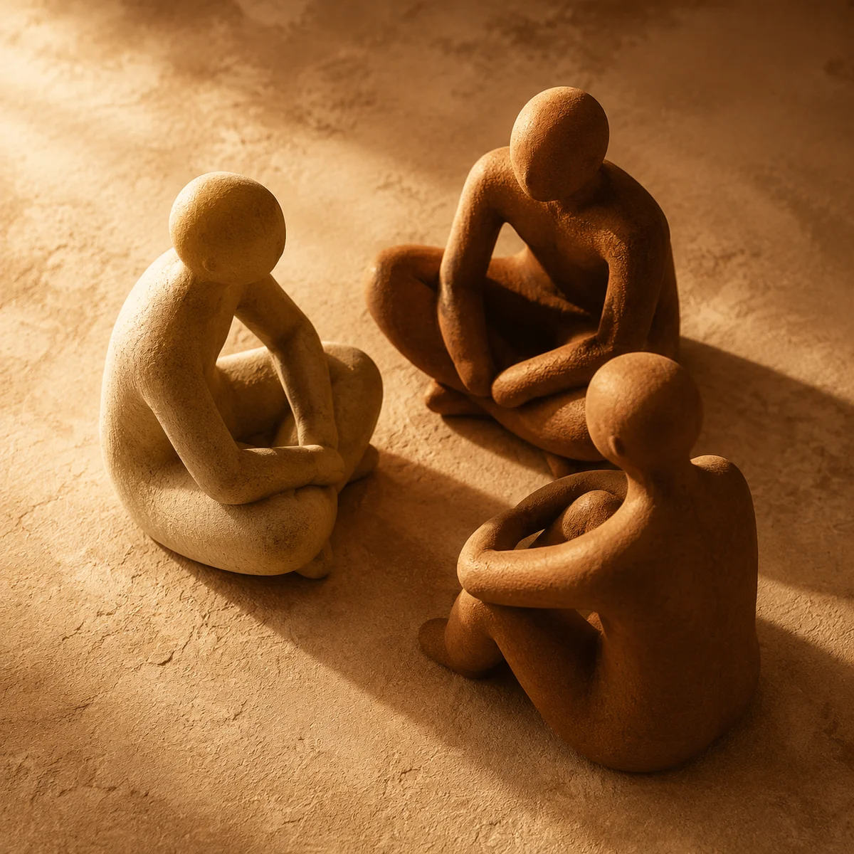 Warm duotone photograph of three people sitting in a circle having an honest conversation, representing the group stage of navigating evolving threesome dynamics