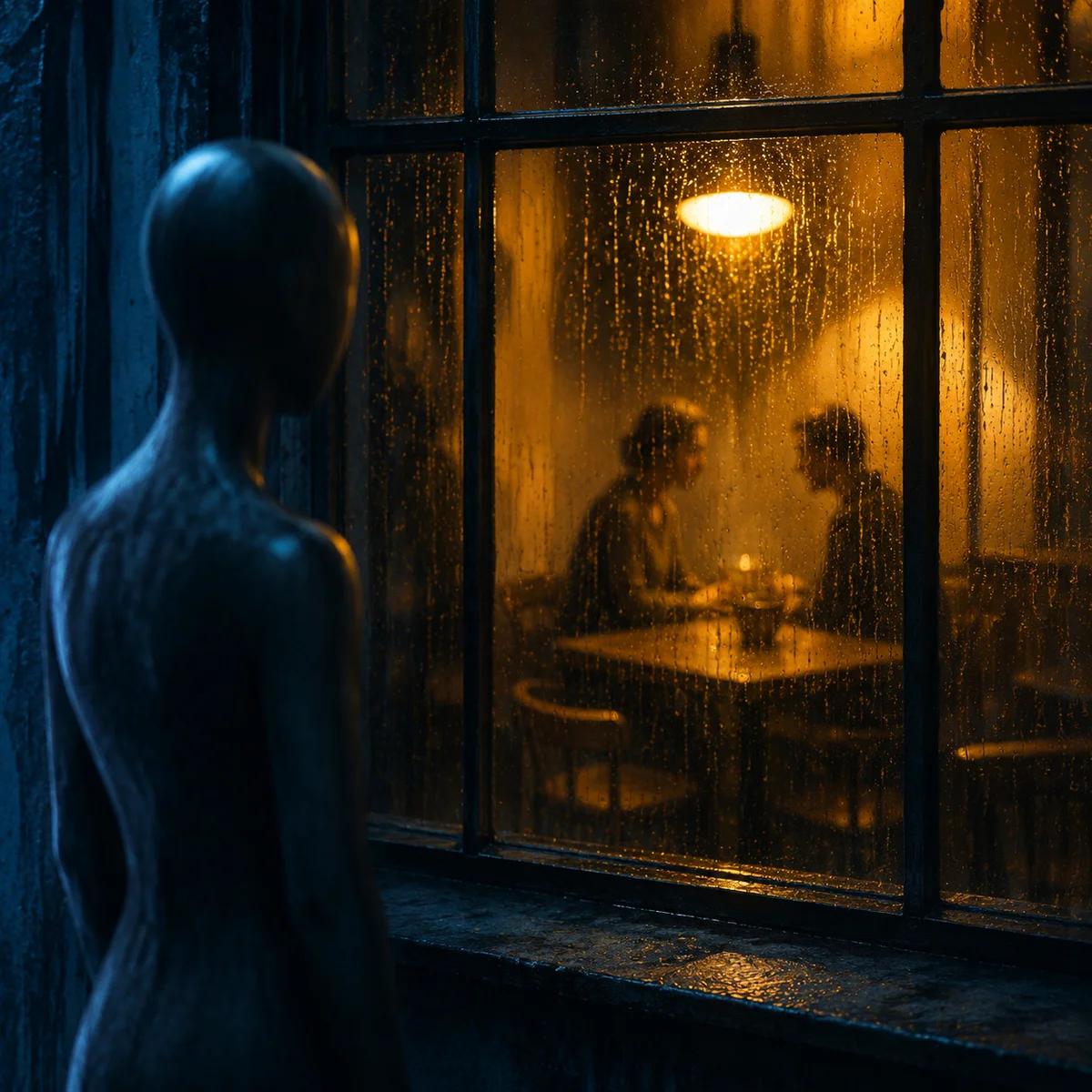 Warm duotone photograph of a single person looking through a window from outside, representing the third partner's perspective of wanting more than the couple can offer