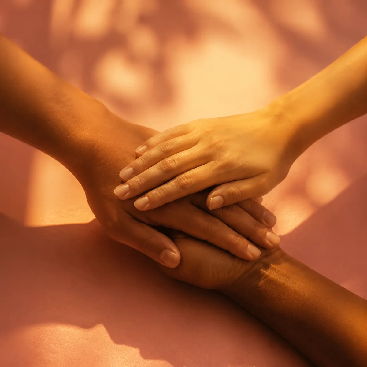 Warm duotone photograph of three hands stacked together in a gesture of mutual commitment, representing a threesome evolving into something deeper and intentional