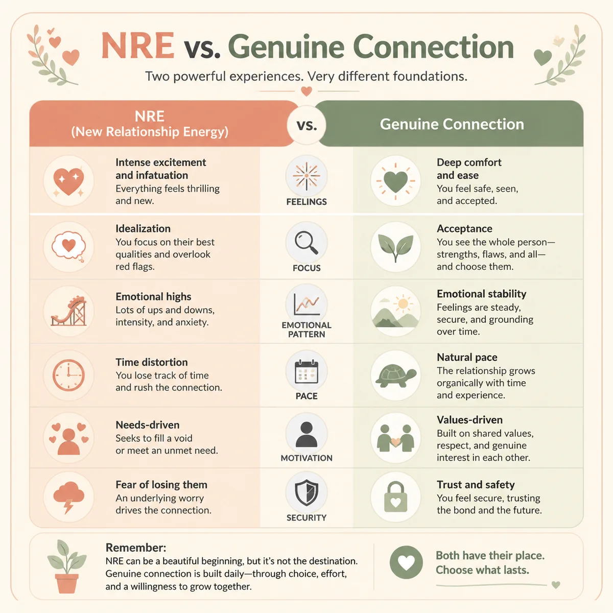 Infographic comparing NRE versus genuine connection in non-monogamous dating