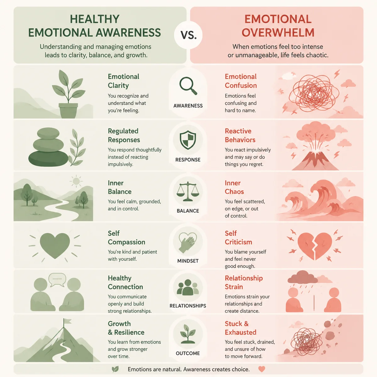 Comparison infographic of healthy emotional awareness versus emotional overwhelm in threesome dynamics