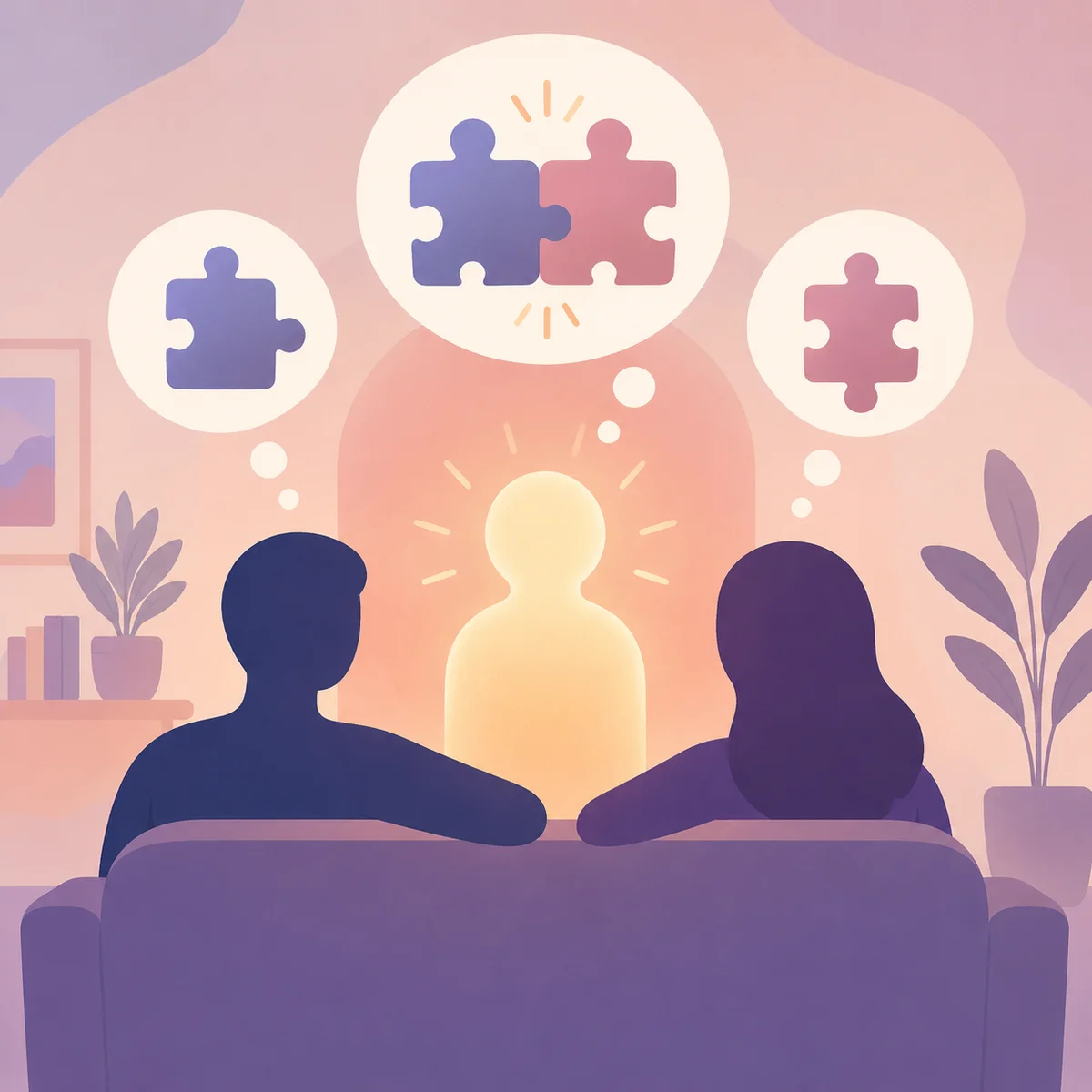 Abstract illustration of two figures evaluating compatibility with a potential third partner