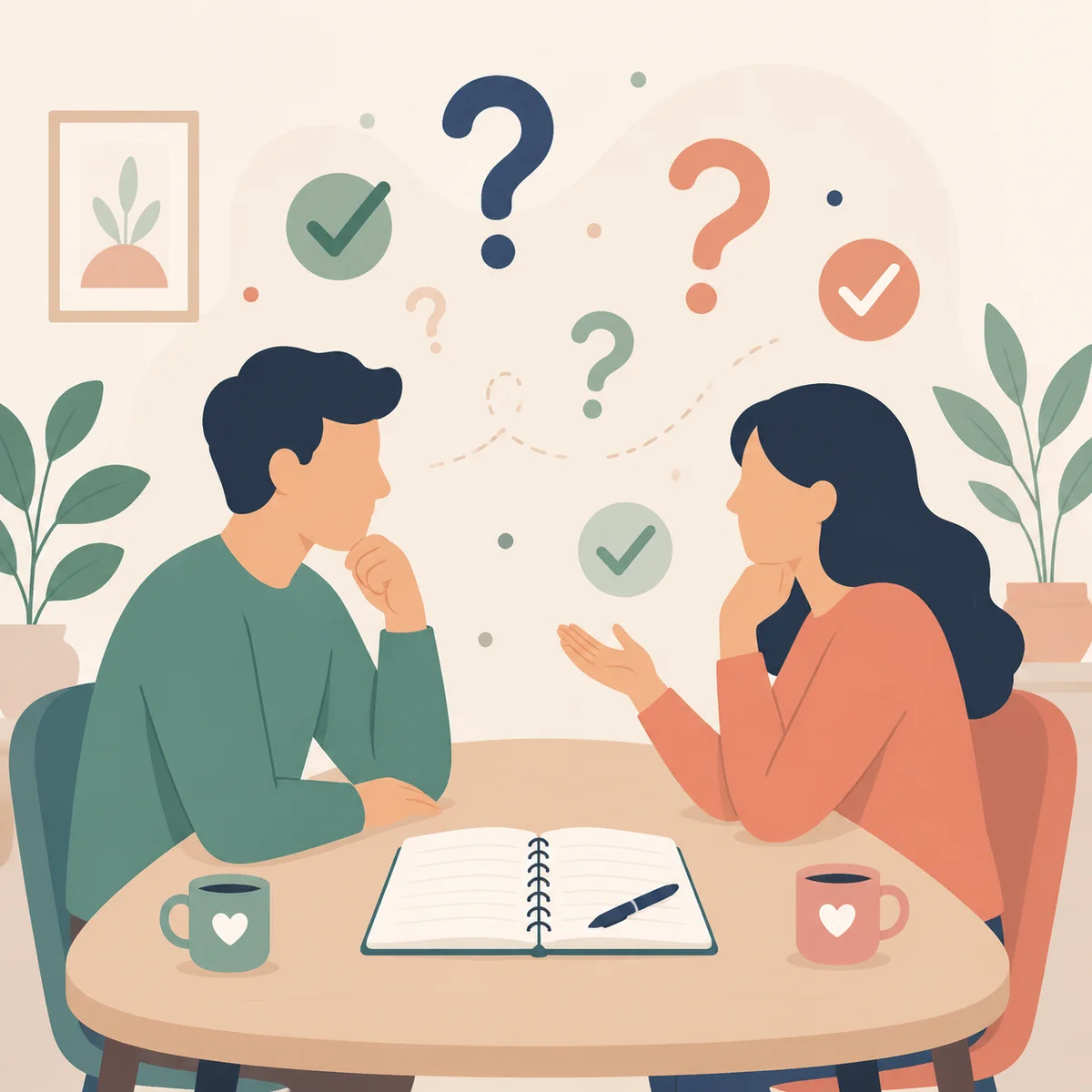 Two abstract figures at a table with a notebook, question marks and checkmarks symbolizing preparation before choosing a third