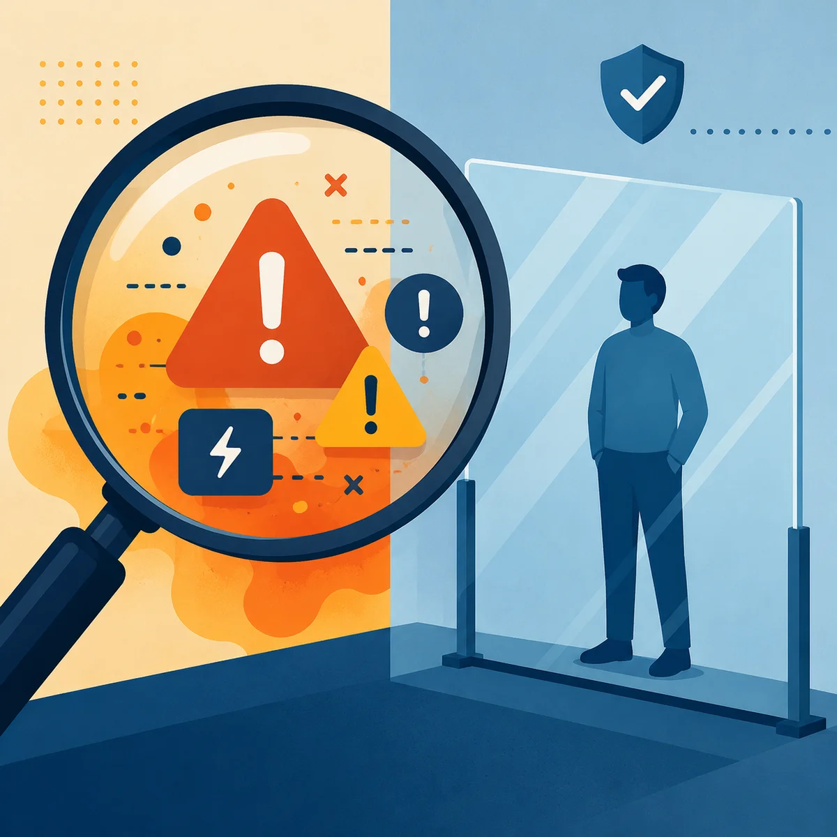 Abstract illustration of a magnifying glass over warning symbols with a protective barrier