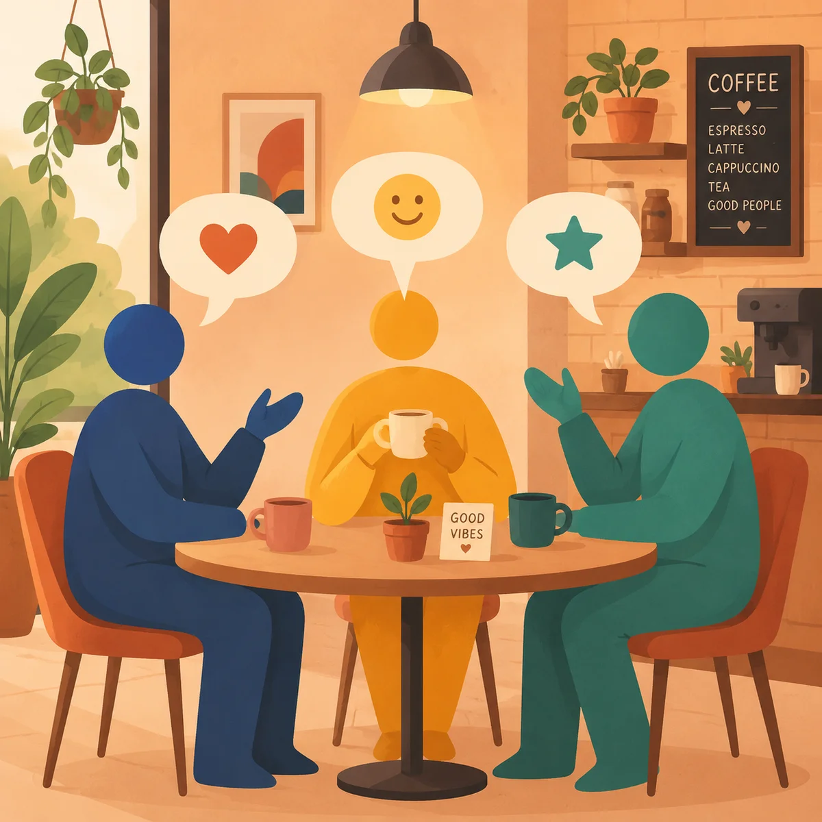 Three abstract figures meeting at a coffee table with positive conversation symbols floating between them