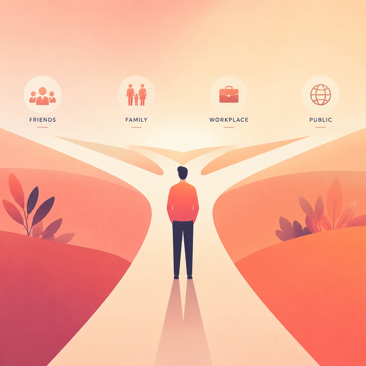 Gradient minimalist illustration of a person standing at a crossroads with different paths representing disclosure choices — friends, family, workplace, public