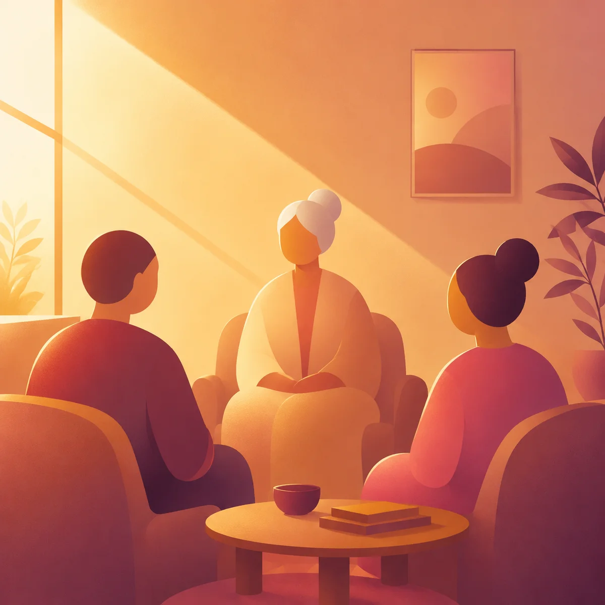 Gradient minimalist illustration of two people sitting across from an older couple, soft warm tones, calm conversation setting