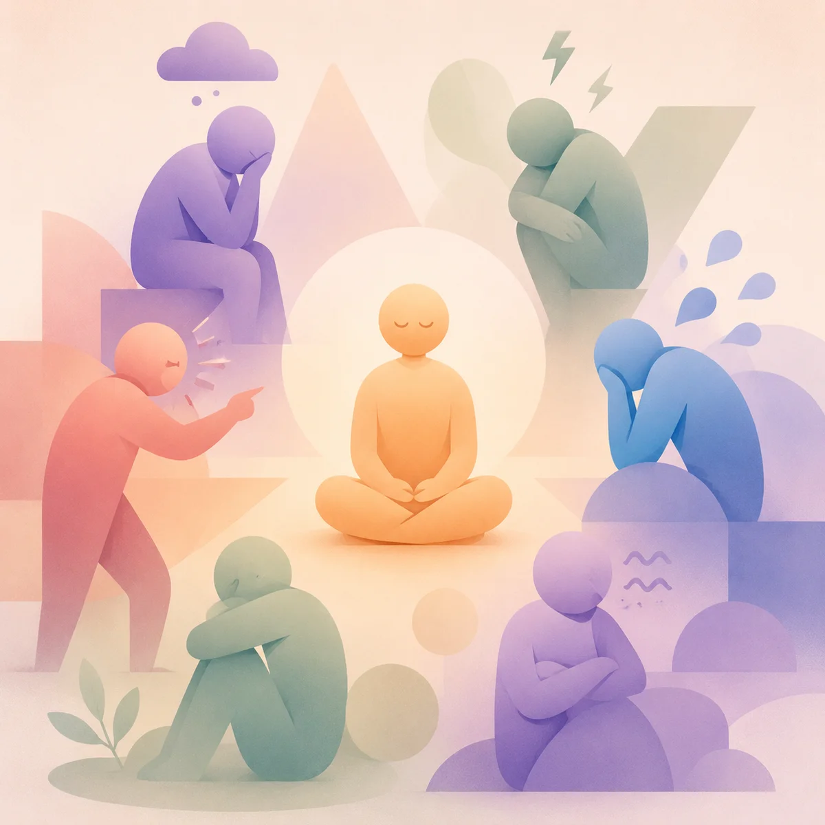 Gradient minimalist illustration of abstract figures with different emotional expressions around one calm central figure, showing varied reactions