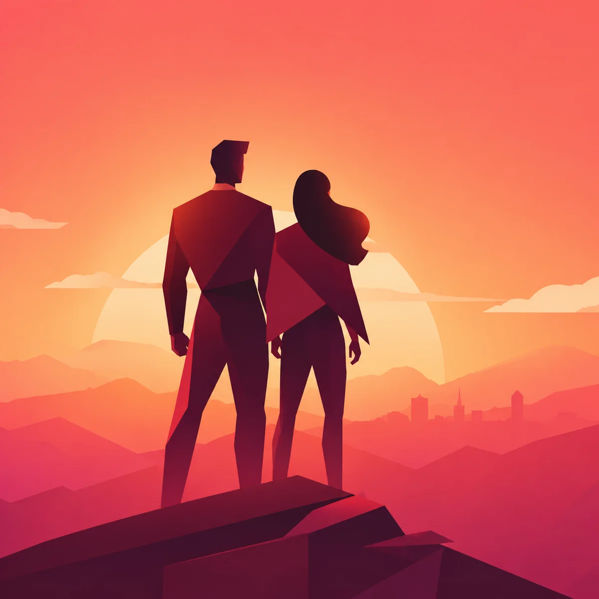 Gradient minimalist illustration of two people standing together facing outward, protective posture, warm gradient background suggesting safety and unity
