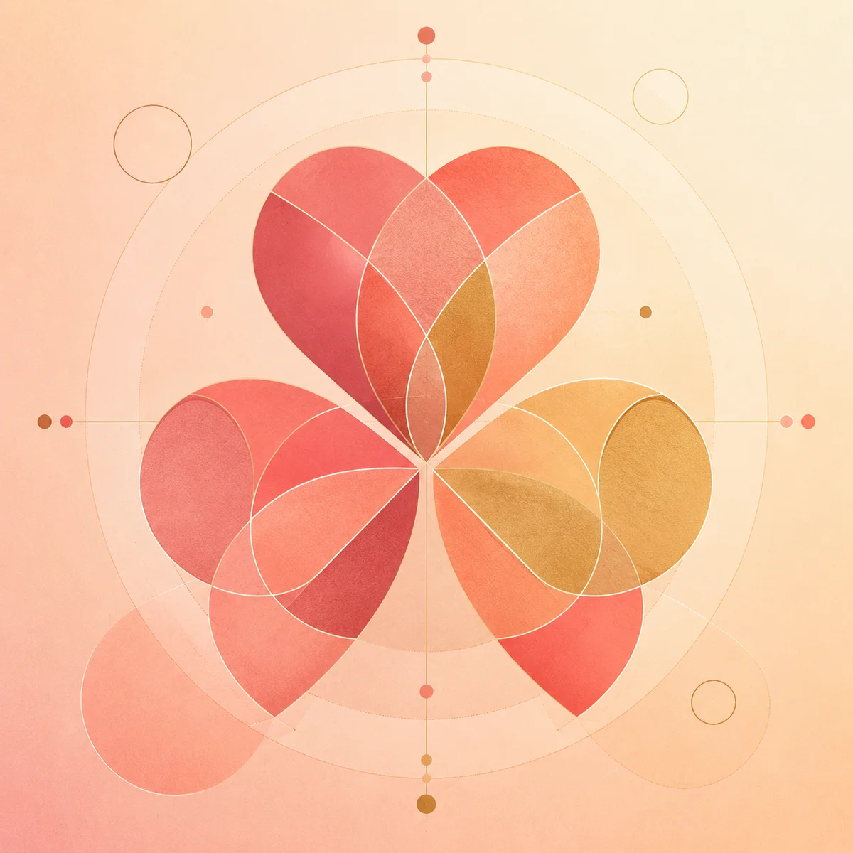 Abstract geometric illustration of three interconnected hearts in warm pastel tones representing compersion in relationships