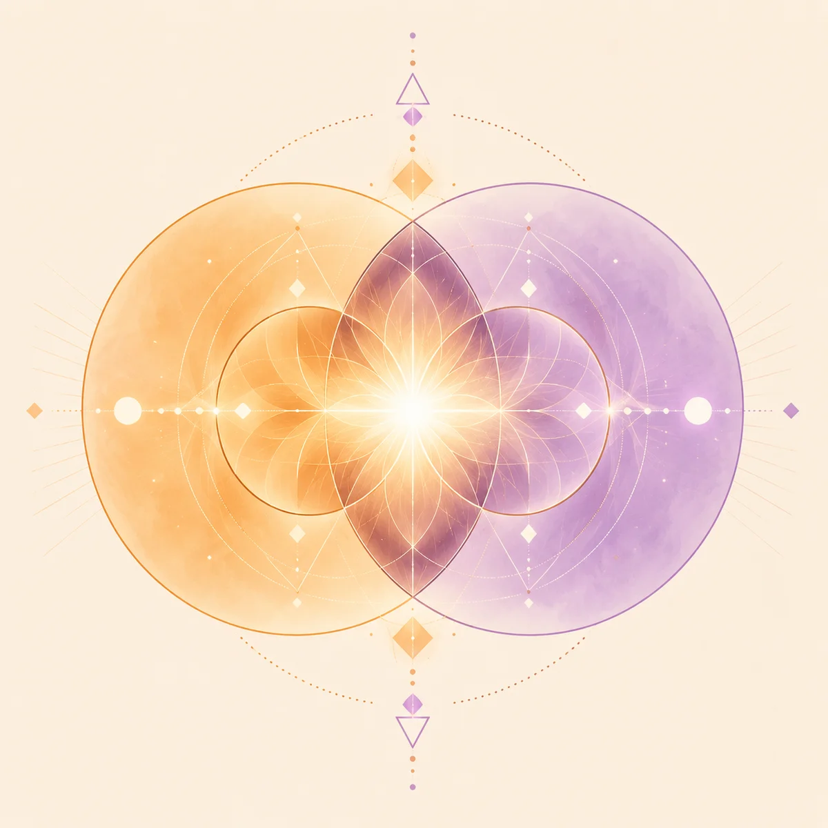 Abstract geometric illustration of two overlapping circles with light radiating from their intersection