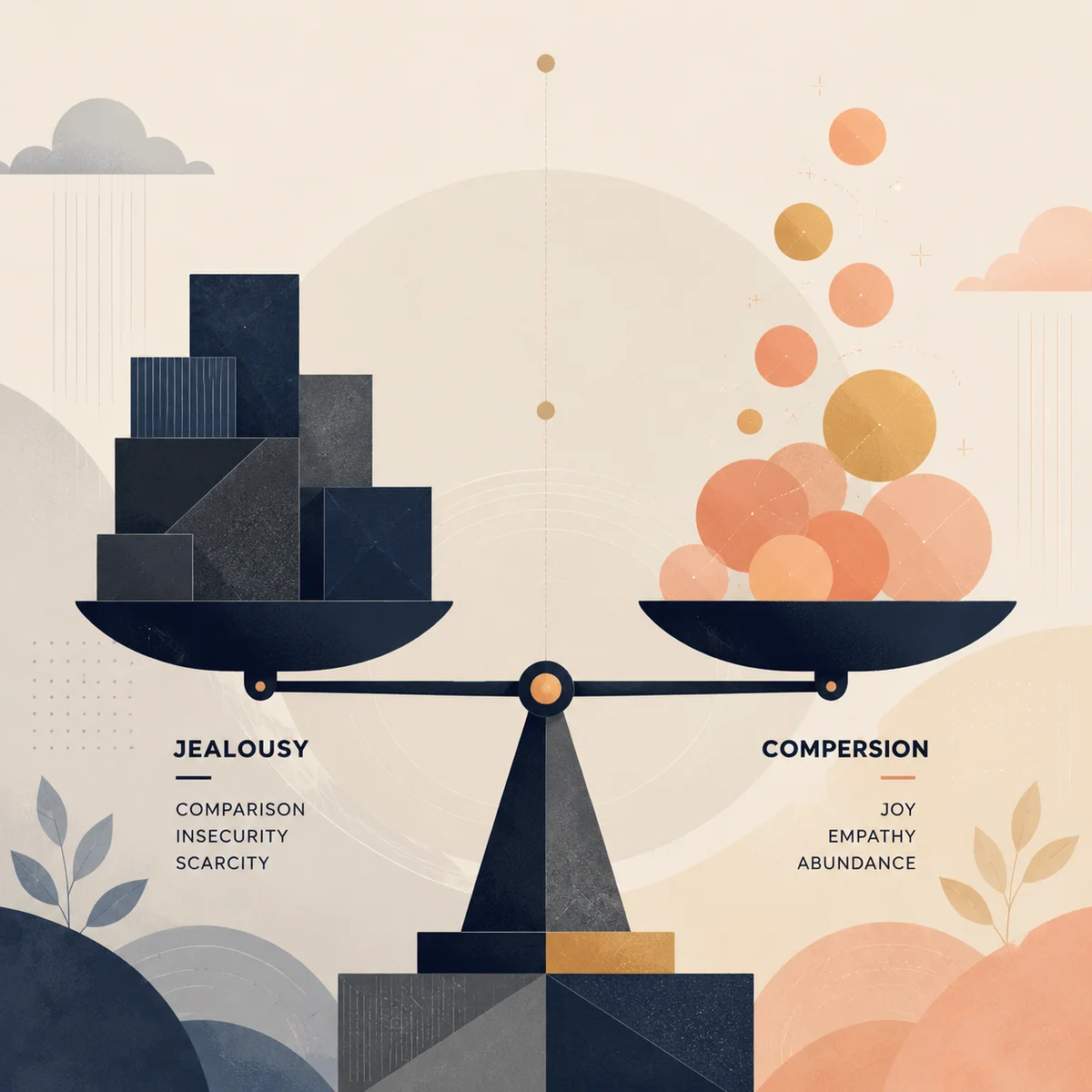 Abstract geometric balance scale with darker shapes on one side and lighter upward shapes on the other