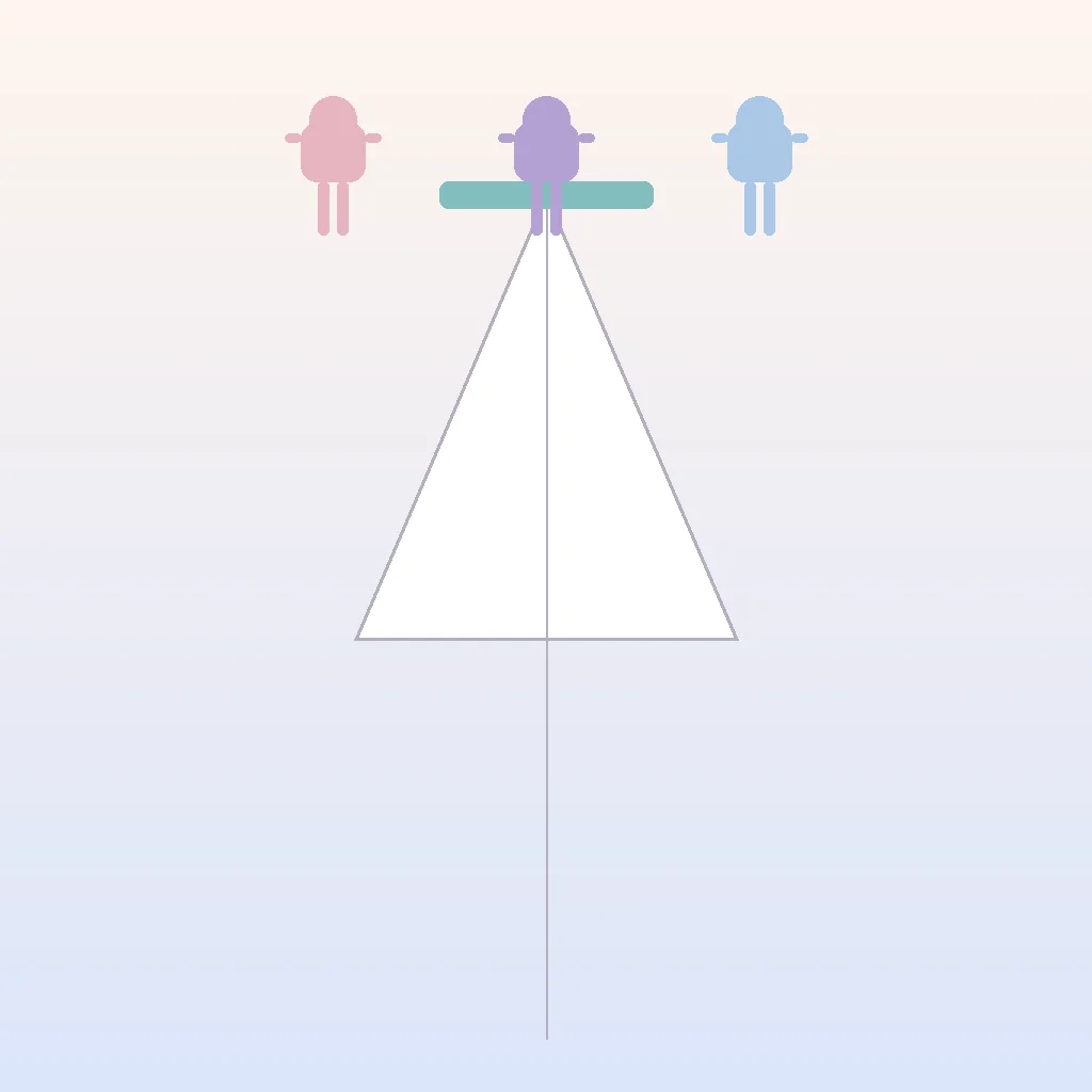 Three abstract figures balanced equally on a triangular scale representing fair power dynamics in threesome dating