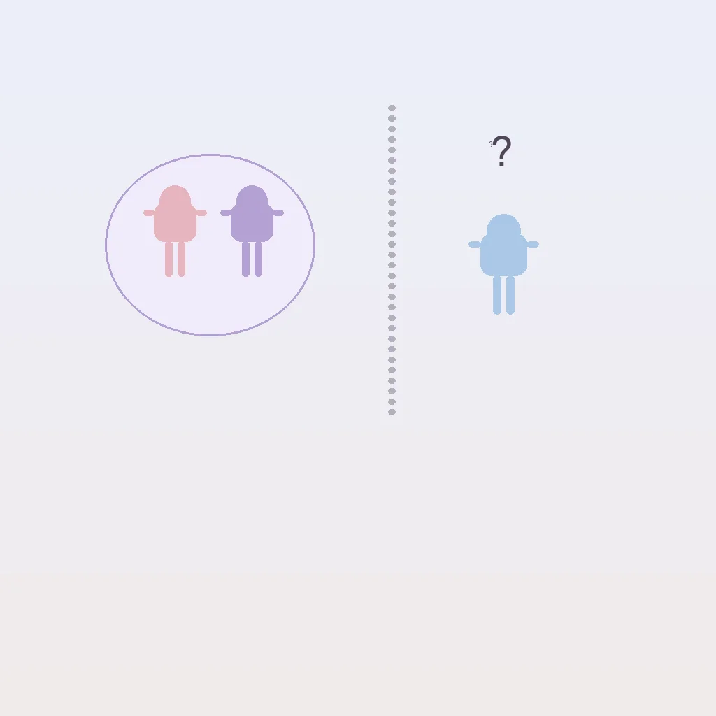 Two figures conversing in a bubble while a third person stands excluded outside showing communication gaps in couple privilege