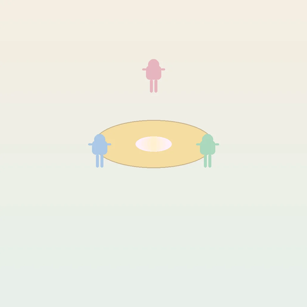 Three abstract figures seated equally around a round table with a warm glowing center representing mutual respect