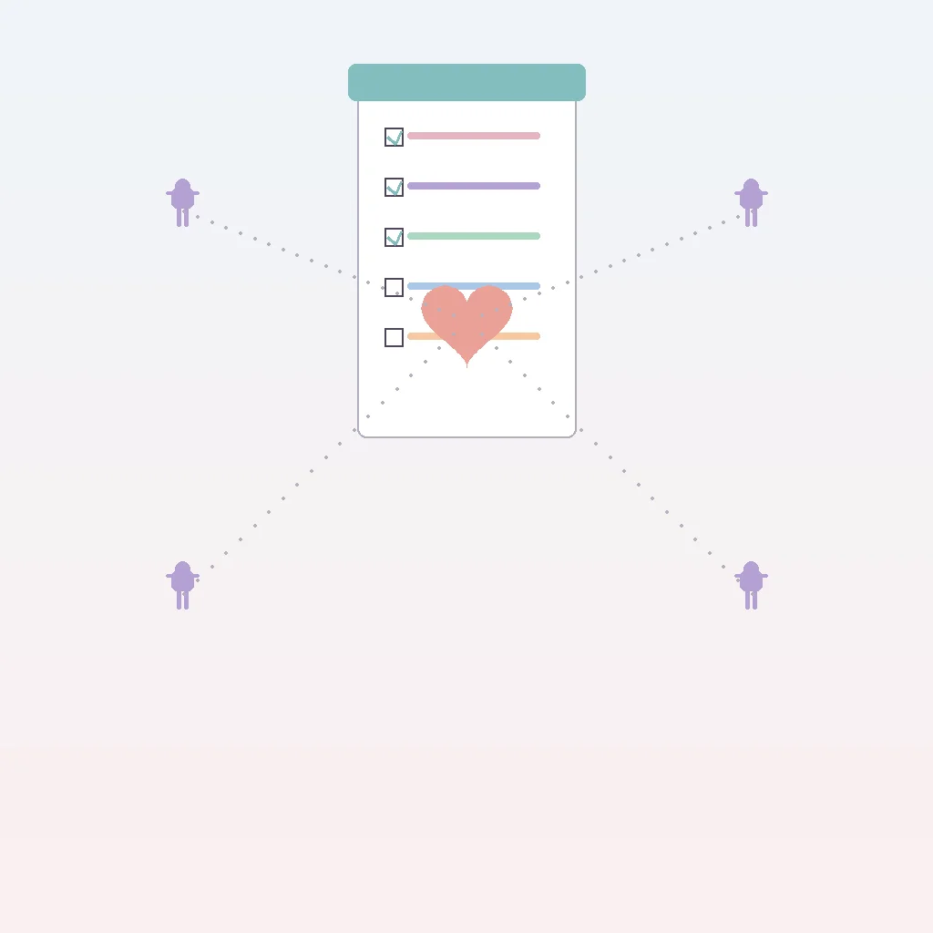 Flat vector illustration of a self-audit checklist with heart symbol and connected abstract people figures