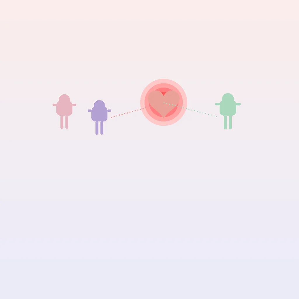 Abstract figures sharing a glowing heart message representing healthy post-threesome check-in communication